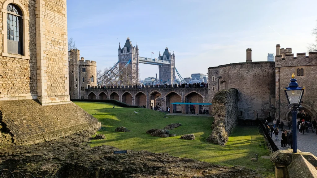 Tower Bridge behind historic castle ruins