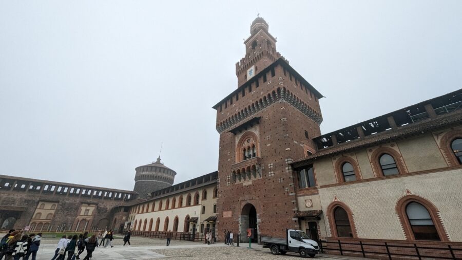 Historic castle under foggy sky